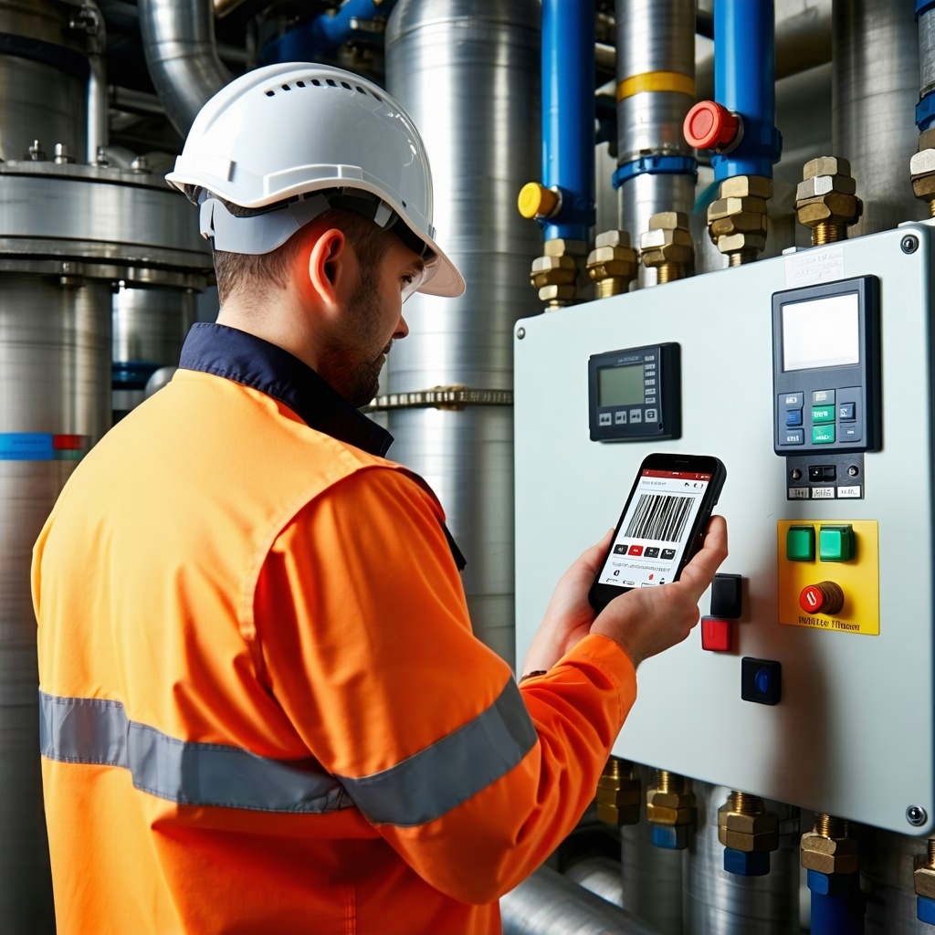 An Australian safety officer scans a small bar code on some safety equipment with a handheld device. An Australian safety officer scans a small bar code on some safety equipment with a handheld device.